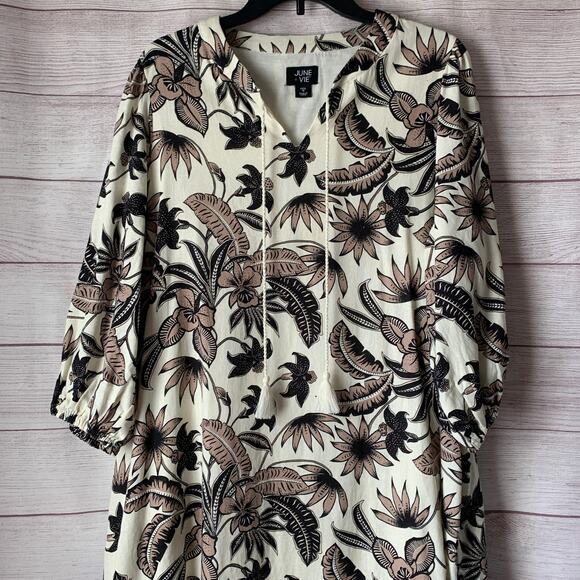 June + Vie by Roaman's Midi Lino Soleil Shirt Dress Floral Plus Size 14/16 M - Picture 2 of 16
